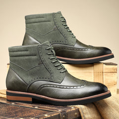 Men’s British Style Retro Martin Boots – Mid-Top Carved Leather Casual Footwear