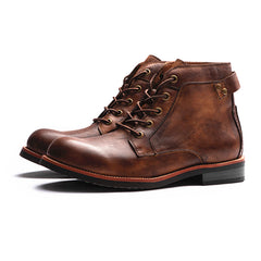 Men's Retro Lace-Up Leather Ankle Boots Low Heel Motorcycle Shoes
