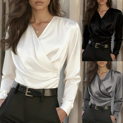 Women’s Elegant Cross V-Neck Blouse-Ruffle Button Accent Top for Office & Casual Wear