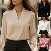 Women’s Elegant V-Neck Blouse Solid Color Long Sleeve Dress Shirt for Office & Casual Wear