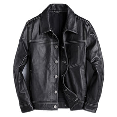 New Spring And Autumn Leather Cowhide Denim Jacket For Men