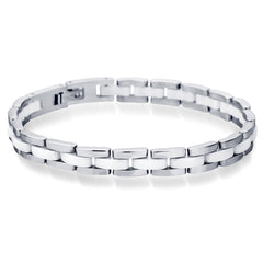 Men’s Single Row Silver and White Ceramic Bracelet – Titanium Steel Modern Fashion Jewelry