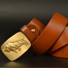 Top Layer Cowhide Vegetable Tanned Leather Belt Double-Sided Dyed Men'S Formal Dress Solid Pure Brass Smooth Buckle Belt