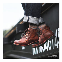 Men's Retro Lace-Up Leather Ankle Boots Low Heel Motorcycle Shoes