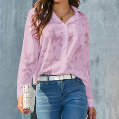 Women’s Casual Sheer Button-Down Blouse Long Sleeve V-Neck Jacquard Top for Everyday Style