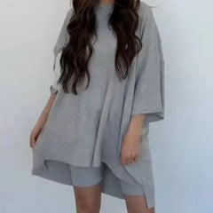 Women’s Solid Color Casual Two-Piece Set – Loose T-Shirt & Fitted Shorts