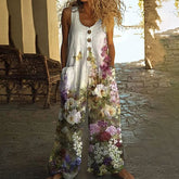 Women’s Vintage Floral Jumpsuit-Sleeveless Button-Front Romper with Pockets, Casual Loose-Fit Long Pants