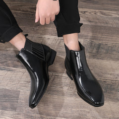 British Style Square Heel Pointed Toe Business Formal Leather Boots