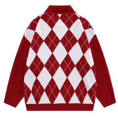 Men's Contrast Jacquard Diamond Plaid Cardigan Sweater