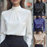 Women’s Solid Color Turtleneck Blouse – Long Sleeve Pleated Shirt for Office & Formal Wear
