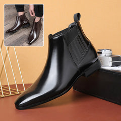 British Style Square Heel Pointed Toe Business Formal Leather Boots