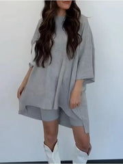 Women’s Solid Color Casual Two-Piece Set – Loose T-Shirt & Fitted Shorts