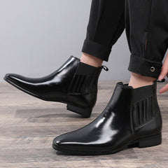 British Style Square Heel Pointed Toe Business Formal Leather Boots