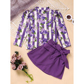 Toddler Girl Outfit – Purple Rose Print Spring/Fall Stripe Top with Belted Skirt Set for Holidays & Going Out