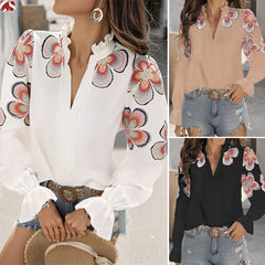Ruffled V-Neck Puff Sleeve Blouse