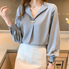 Chiffon Loose Slimming V-neck Long Sleeve Shirt