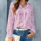 Women’s Casual Sheer Button-Down Blouse Long Sleeve V-Neck Jacquard Top for Everyday Style