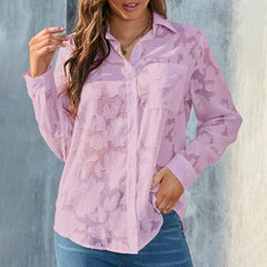 Women’s Casual Sheer Button-Down Blouse Long Sleeve V-Neck Jacquard Top for Everyday Style