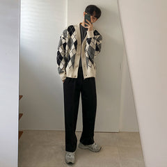 Classic Diamond Sweater Men's V-Neck Knit Jacket