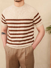 Linen Leisure Cotton Short Sleeve Round Neck Stripe Knitted T-shirt