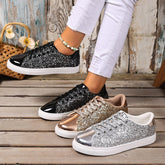Plus Size Sequined Front Lace-Up Solid Color Board Shoes – Stylish Women’s Footwear