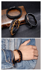 Men’s Stainless Steel Natural Tiger Eye Stone Bead Bracelet – Handmade Luxury Jewelry