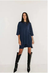 Women’s Solid Color Casual Two-Piece Set – Loose T-Shirt & Fitted Shorts