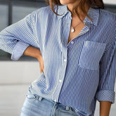 Women’s Elegant Striped Button-Up Shirt-Long Sleeve Blouse with Lapel Collar & Chest Pocket for Spring & Fall