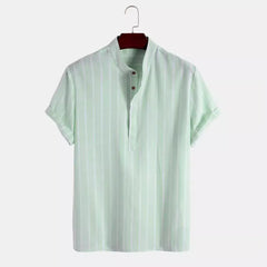 Men’s Fashion Striped Shirt – Short Sleeve Casual Linen Top with Stand-Up Collar