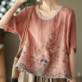 Women’s Retro Embroidery Pullover Colorful Round Neck Top for Casual Everyday Wear