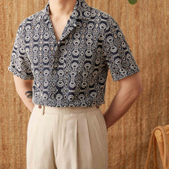 Vintage Embroidered Cotton Casual Cuban Collar Short Sleeve Printed Shirt