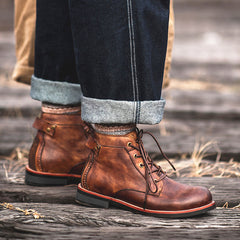 Men's Retro Lace-Up Leather Ankle Boots Low Heel Motorcycle Shoes