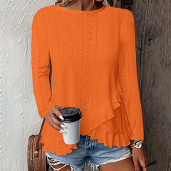Women’s Eyelet Long Sleeve Top – Dressy Casual Crew Neck Blouse with Ruffle Hem