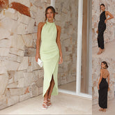 Women’s Summer Halter Long Dress-Slim Fit Backless Dress with Split for Elegant Casual Wear
