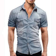 Casual Solid Color Men's Denim Short Sleeve Shirt