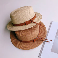 Leather Buckle Flat Top Knitted Beach Hat – Unisex Summer Fashion Accessory