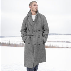 Men's Fall Winter Woolen Plaid Double-Breasted Cotton Padded Thickened Coat