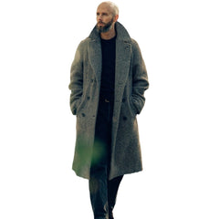 Men's Fall Winter Woolen Plaid Double-Breasted Cotton Padded Thickened Coat