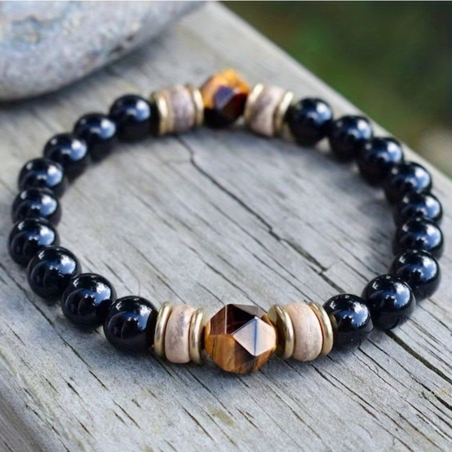 Men’s Tiger Eye & Cut Obsidian Bracelet – Luxury Natural Stone Beaded Jewelry