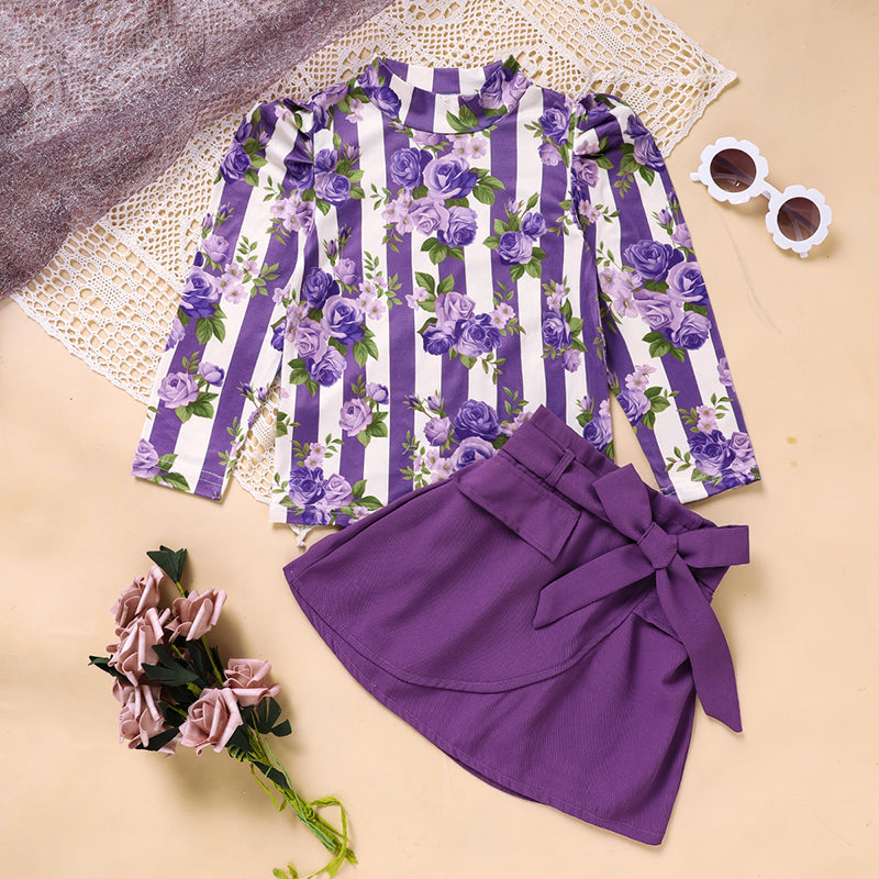 Toddler Girl Outfit – Purple Rose Print Spring/Fall Stripe Top with Belted Skirt Set for Holidays & Going Out
