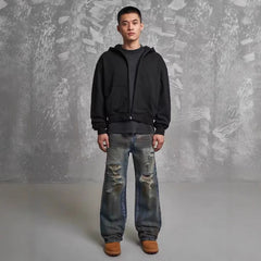Loose Straight Slim-fit Waste Soil Blue With Holes Jeans