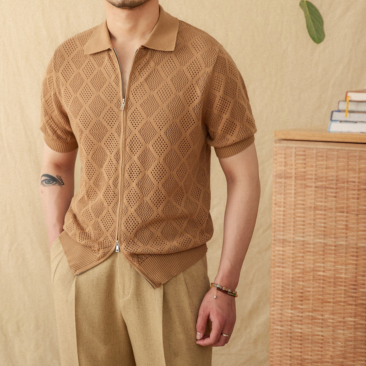 Cotton Zipper Hollow Short Sleeve Lapel Cardigan Casual Top