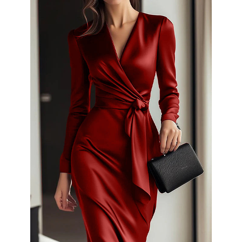 Women’s Satin Midi Bodycon Dress – Elegant V-Neck Long Sleeve Evening Dress