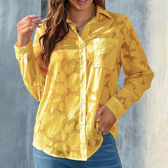 Women’s Casual Sheer Button-Down Blouse Long Sleeve V-Neck Jacquard Top for Everyday Style