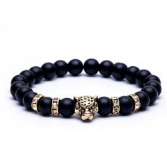 Men’s Natural Lava Stone Bead Bracelet with Leopard Head Charm – Handmade Jewelry