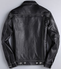 New Spring And Autumn Leather Cowhide Denim Jacket For Men