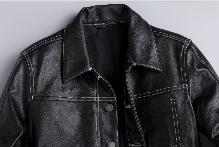 New Spring And Autumn Leather Cowhide Denim Jacket For Men