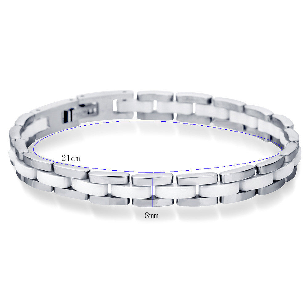 Men’s Single Row Silver and White Ceramic Bracelet – Titanium Steel Modern Fashion Jewelry