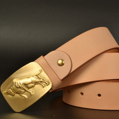 Top Layer Cowhide Vegetable Tanned Leather Belt Double-Sided Dyed Men'S Formal Dress Solid Pure Brass Smooth Buckle Belt