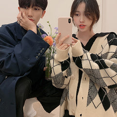 Classic Diamond Sweater Men's V-Neck Knit Jacket